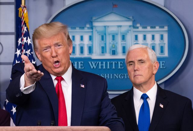 United States President Donald Trump delivers remarks on the COVID-19 (Coronavirus) pandemic alongside US Vice President Mike Pence during a Coronavirus Task Force briefing in the Brady Press Briefing Room at the White House.